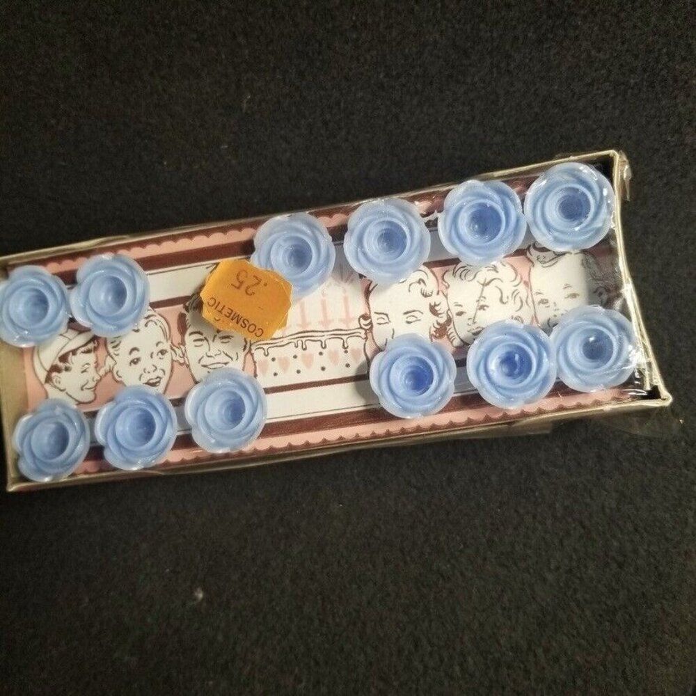 Vintage 50s Cypress 12 Blue Plastic Candle Holders Birthday Party New Advertisin